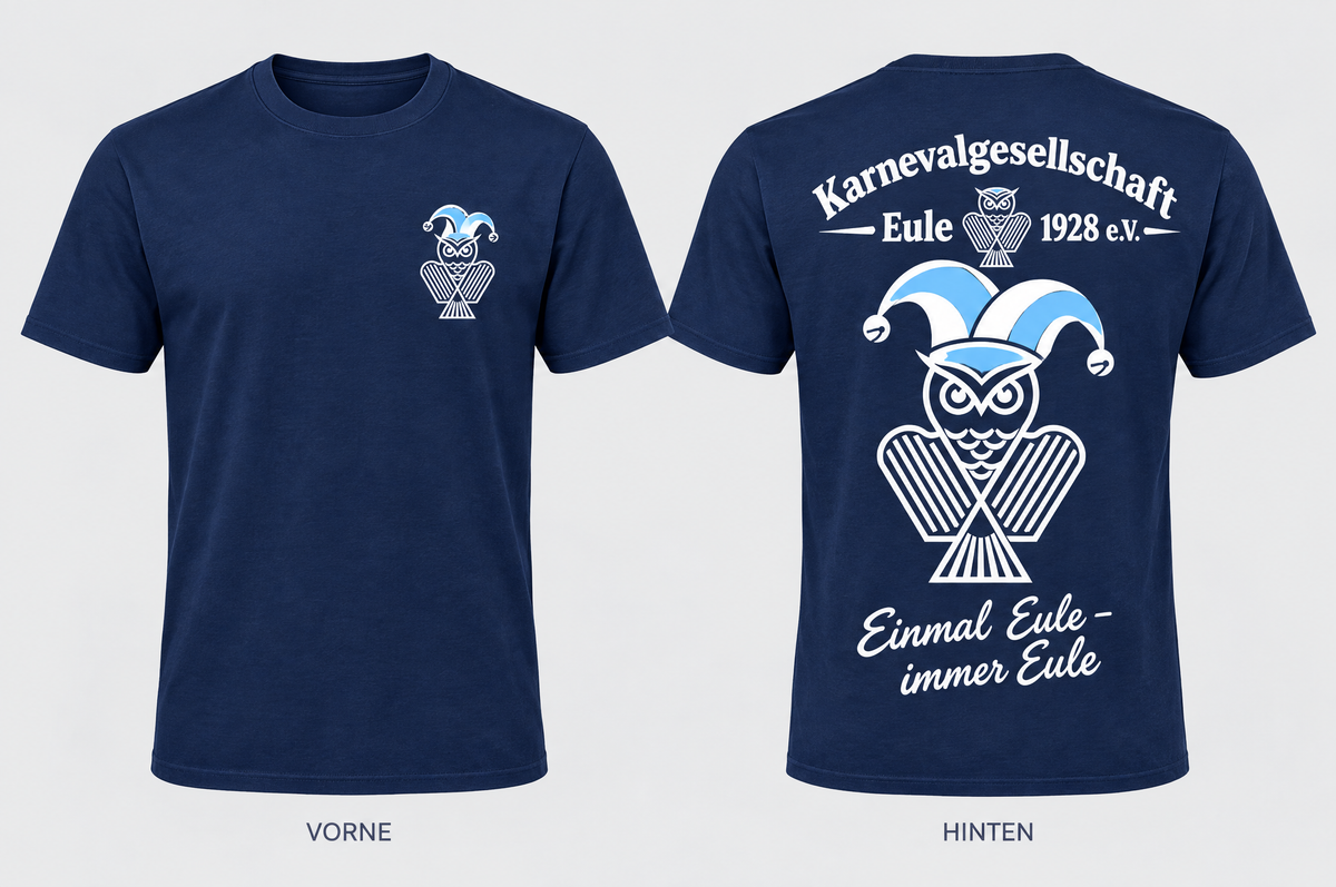 KG Eule 1928 T-Shirt Navy Motiv Narrenkappe – Vorder- und Rückseite