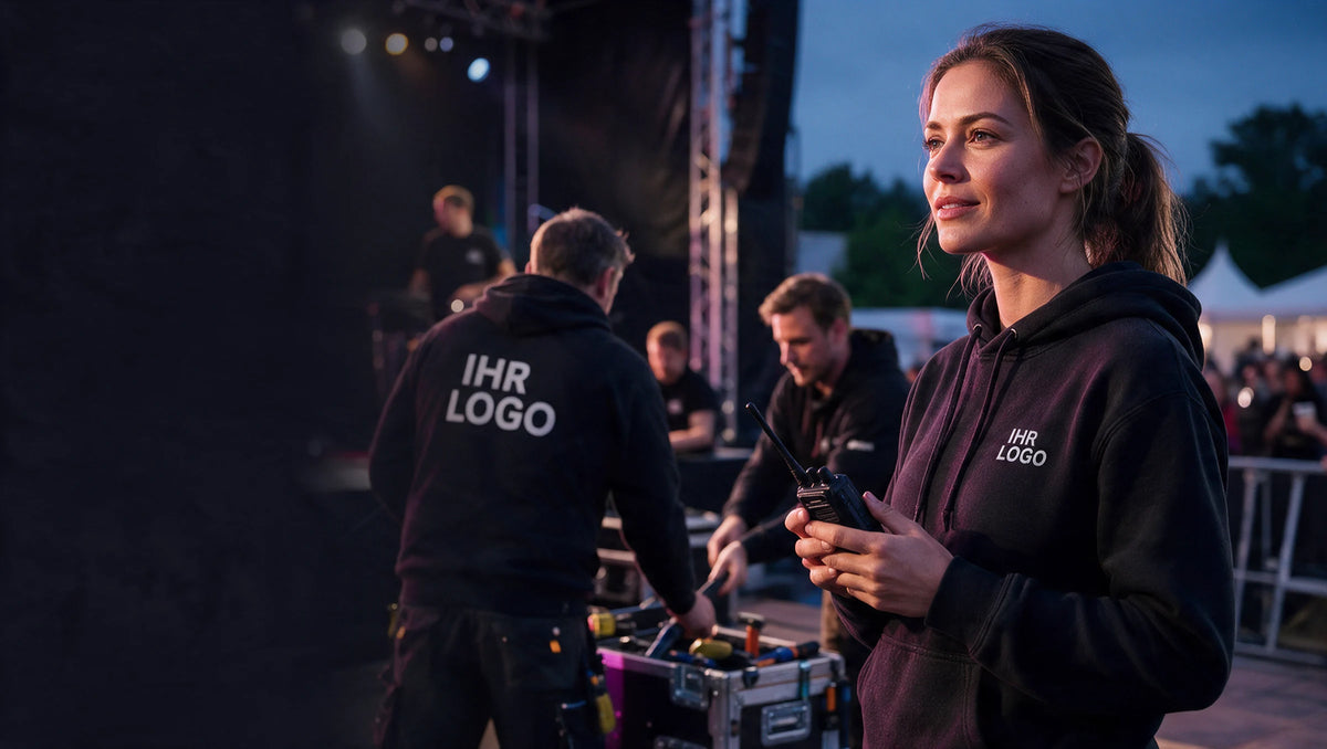 Team bei der Vorbereitung eines Events in schwarzen Hoodies mit weißem IHR LOGO auf Brust oder Rücken.
