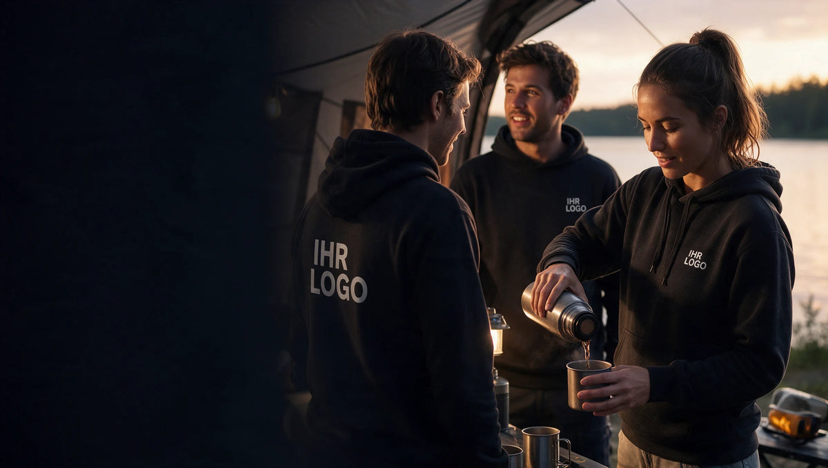 Freizeitgruppe bei einem gemeinsamen Ausflug in schwarzen Hoodies mit weißem IHR LOGO auf Brust oder Rücken.