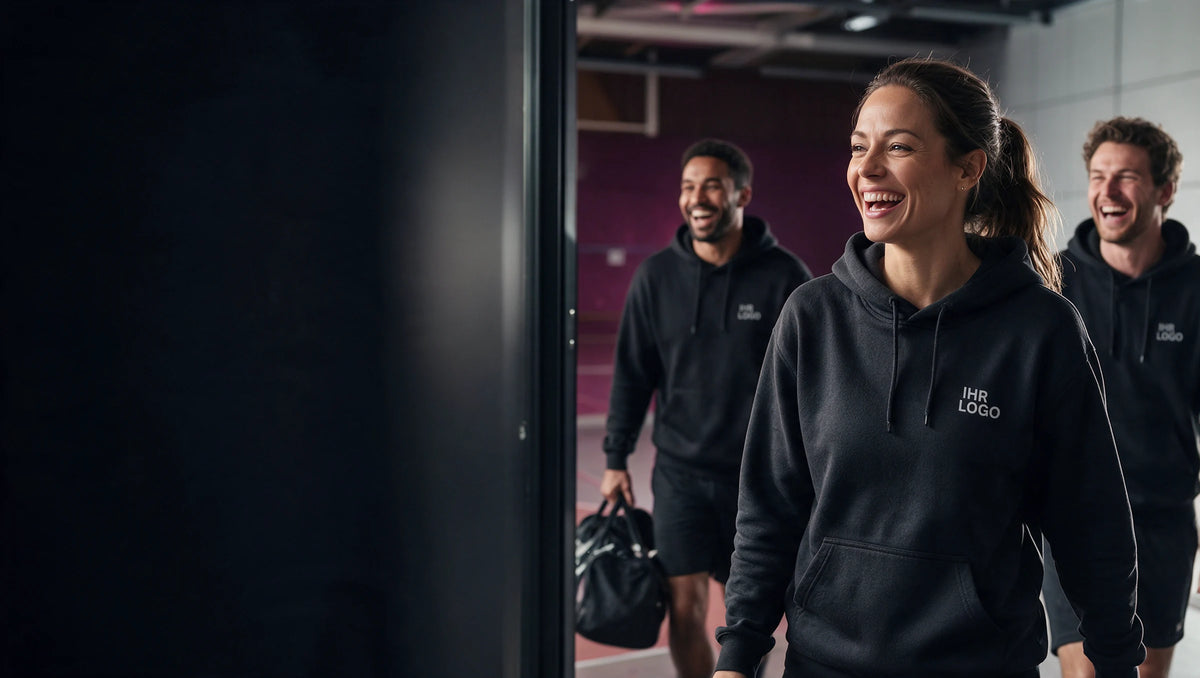 Vereinsmitglieder beim Teamsport in schwarzen Hoodies mit weißem IHR LOGO auf Brust oder Rücken.