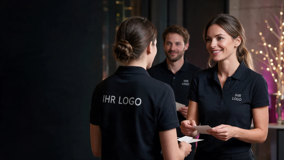 Team bei der Vorbereitung eines Events in schwarzen Poloshirts mit weißem IHR LOGO auf Brust oder Rücken.