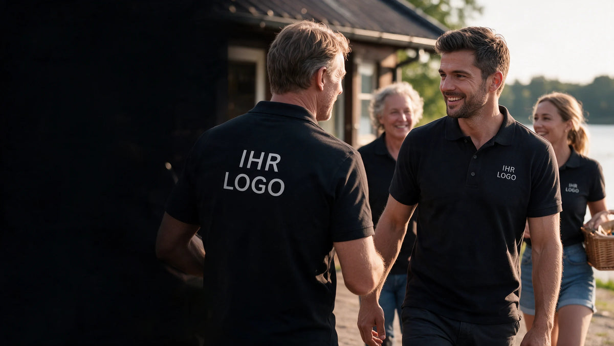 Freizeitgruppe bei einem gemeinsamen Ausflug in schwarzen Poloshirts mit weißem IHR LOGO auf Brust oder Rücken.