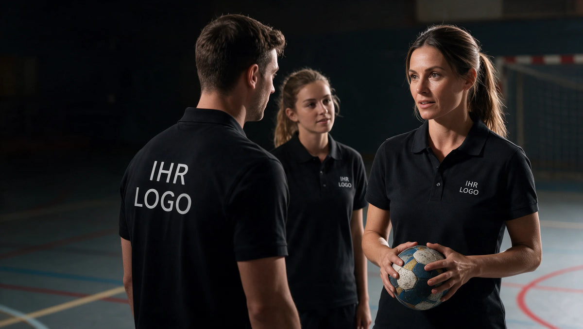 Vereinsmitglieder beim Teamsport in schwarzen Poloshirts mit weißem IHR LOGO auf Brust oder Rücken.