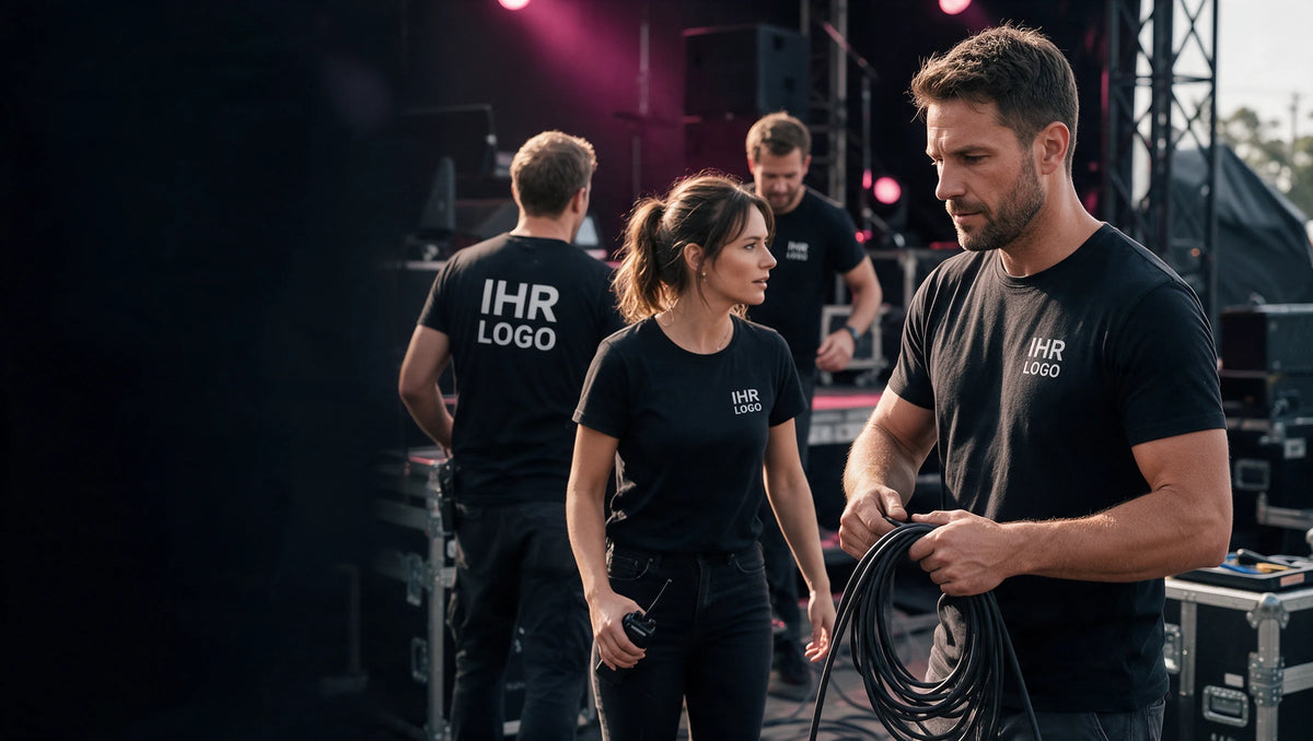 Team bei der Vorbereitung eines Events in schwarzen T-Shirts mit weißem IHR LOGO auf Brust oder Rücken.