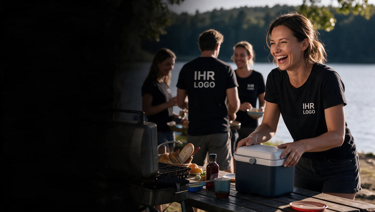 Freizeitgruppe bei einem gemeinsamen Ausflug in schwarzen T-Shirts mit weißem IHR LOGO auf Brust oder Rücken.