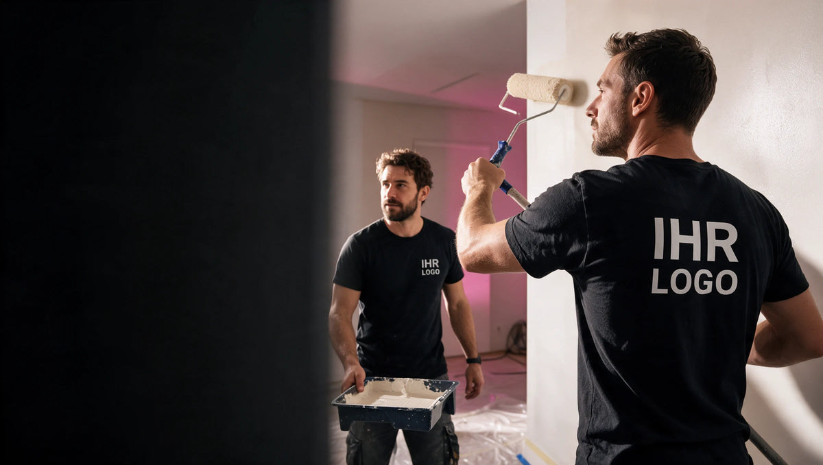 Malerteam bei Renovierungsarbeiten in schwarzen T-Shirts mit weißem IHR LOGO auf Brust oder Rücken.