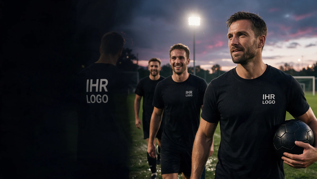Vereinsmitglieder beim Teamsport in schwarzen T-Shirts mit weißem IHR LOGO auf Brust oder Rücken.
