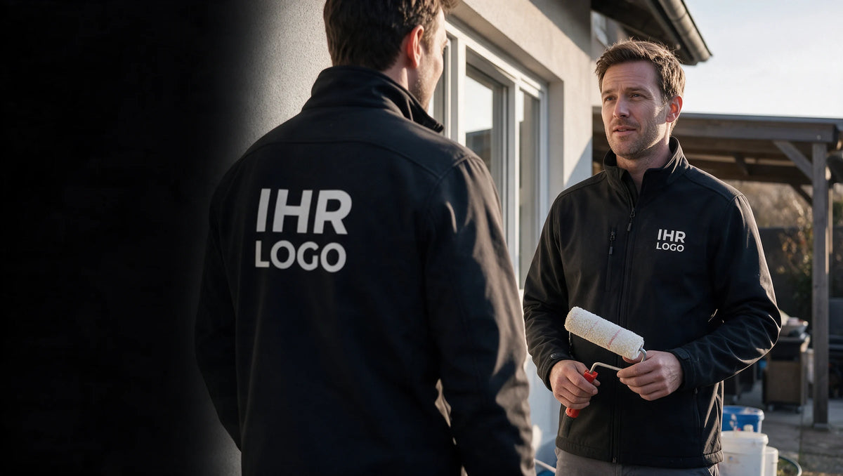 Malerteam bei Renovierungsarbeiten in schwarzen Softshelljacken mit weißem IHR LOGO auf Brust oder Rücken.