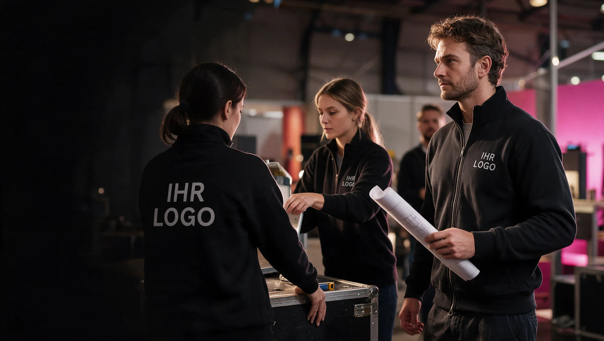 Team bei der Vorbereitung eines Events in schwarzen Sweatjacken mit weißem IHR LOGO auf Brust oder Rücken.