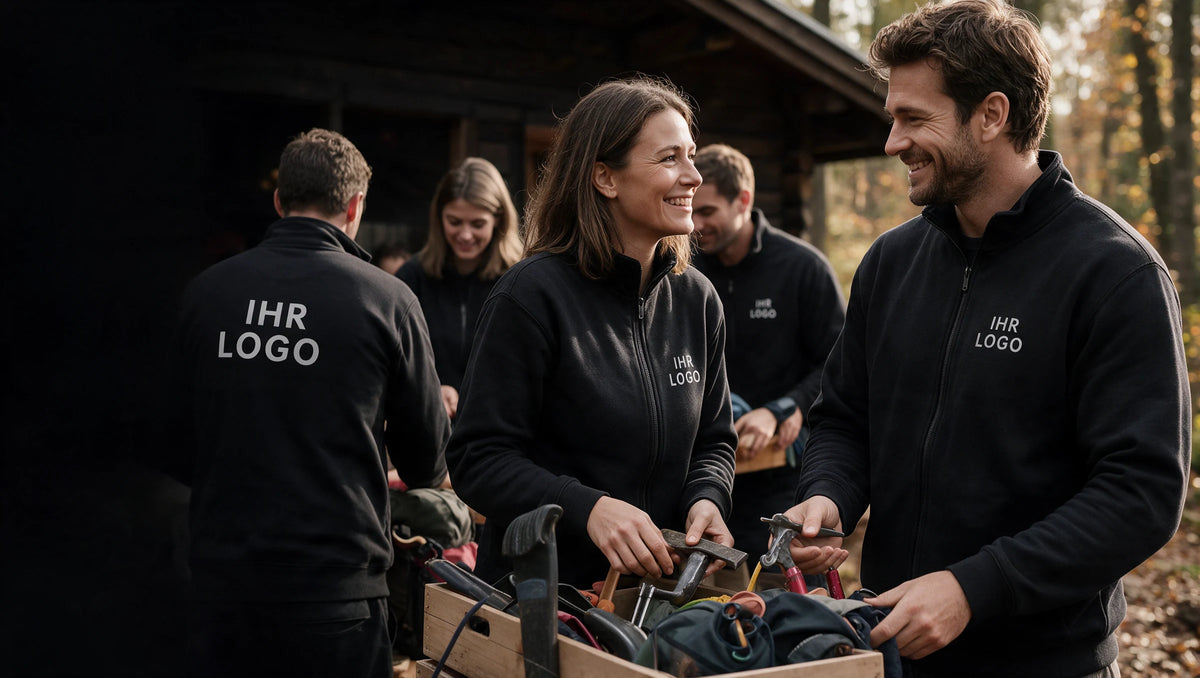 Freizeitgruppe bei einem gemeinsamen Ausflug in schwarzen Sweatjacken mit weißem IHR LOGO auf Brust oder Rücken.