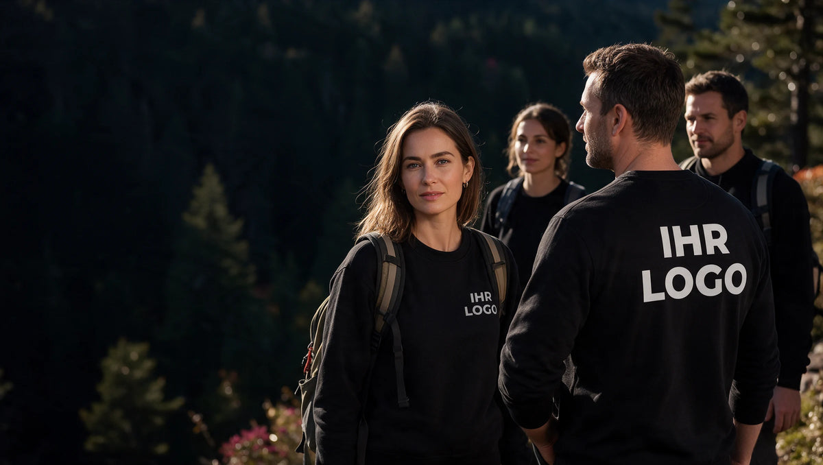 Freizeitgruppe bei einem gemeinsamen Ausflug in schwarzen Sweatshirts mit weißem IHR LOGO auf Brust oder Rücken.