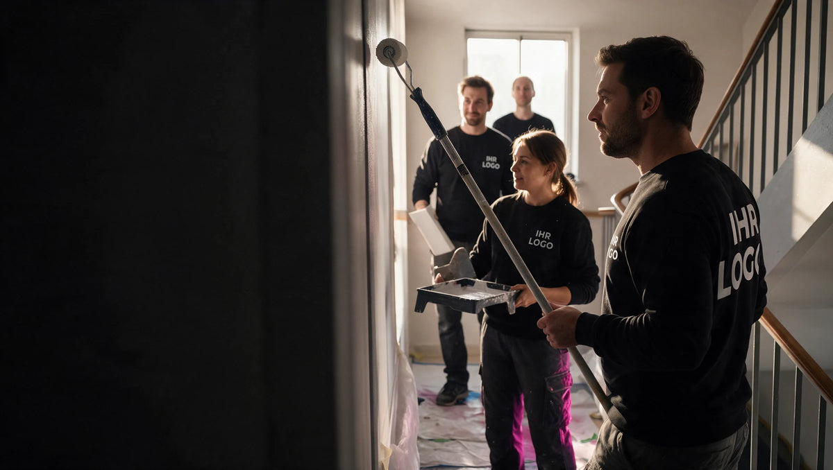 Malerteam bei Renovierungsarbeiten in schwarzen Sweatshirts mit weißem IHR LOGO auf Brust oder Rücken.