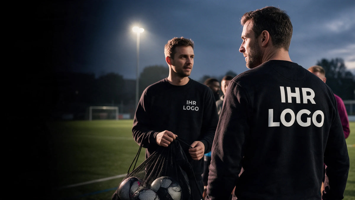 Vereinsmitglieder beim Teamsport in schwarzen Sweatshirts mit weißem IHR LOGO auf Brust oder Rücken.