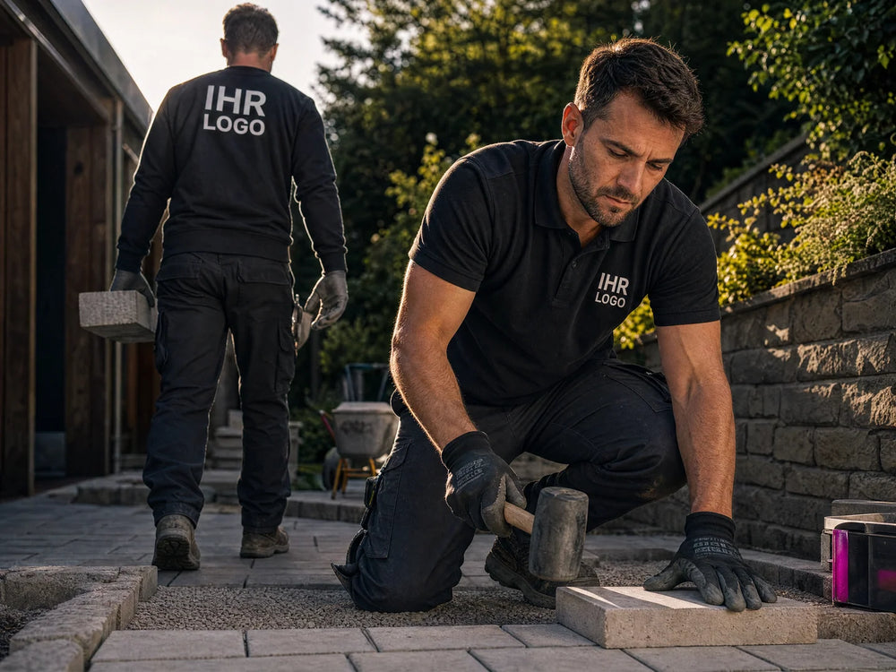 Gartenbauer in schwarzer Arbeitskleidung mit Rückenlogo arbeitet an einer Pflanzfläche.