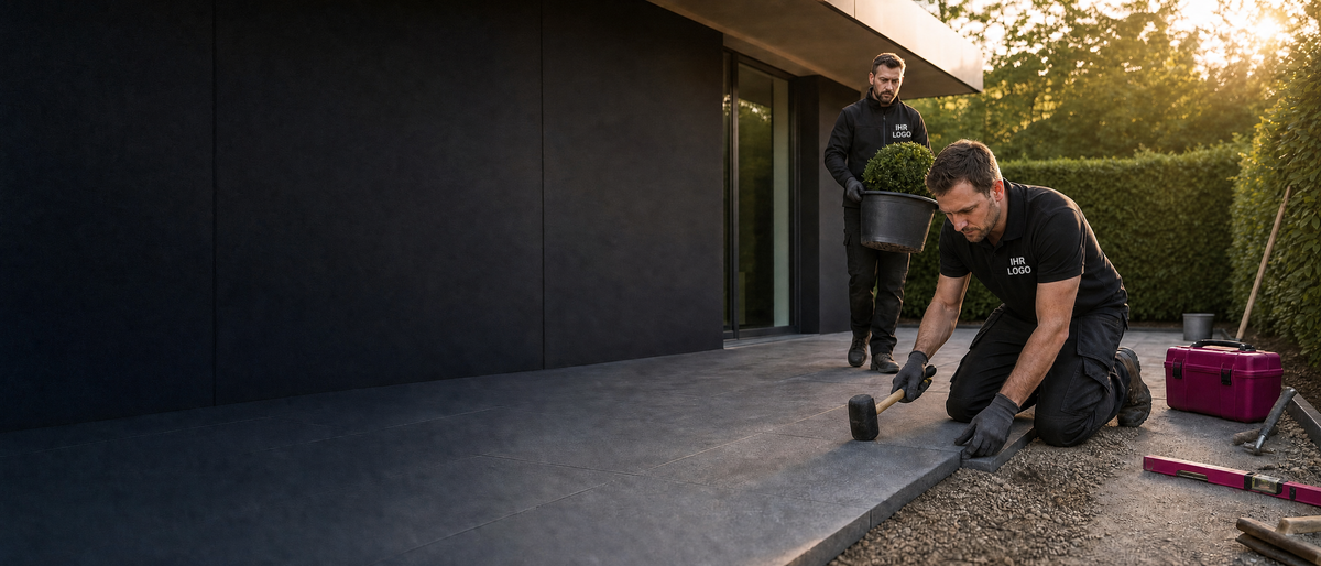 Gartenbauteam in schwarzer Arbeitskleidung beim Anlegen einer Terrasse, mit IHR LOGO auf der Herzseite.