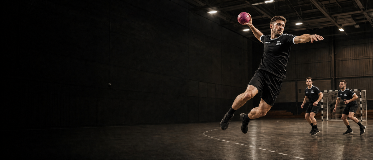 Handballspieler in schwarzen Teamtrikots beim Sprungwurf in einer Sporthalle, jetzt in JAKO-Trikots mit IHR LOGO auf der Herzseite.
