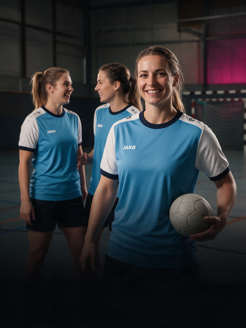 Handballspielerinnen in hellblauen JAKO-Trikots vor dem Training in der Sporthalle.
