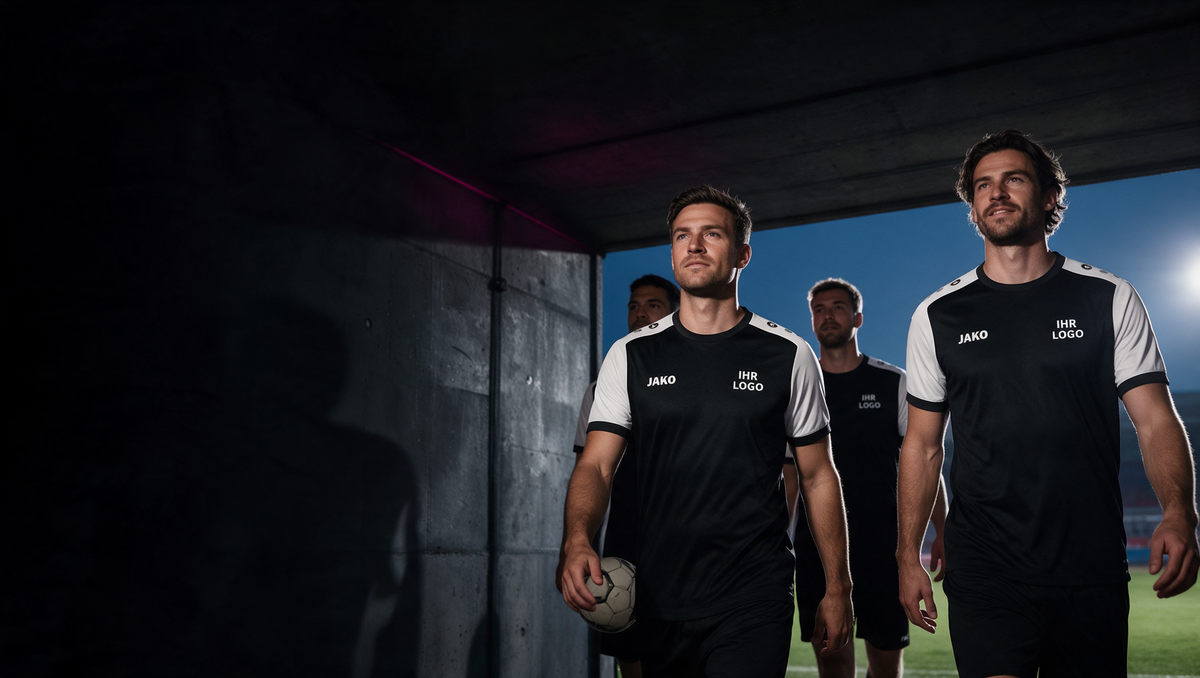 Fußballteam in schwarz-weißen JAKO-Trikots auf dem Weg vom Stadiontunnel zum Spielfeld.
