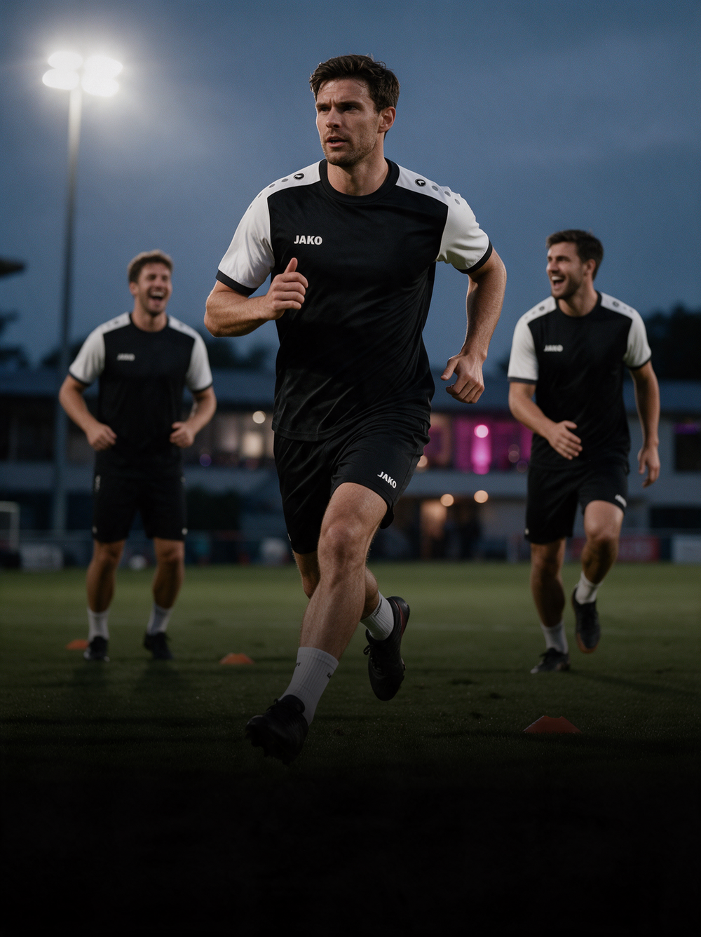 Fußballspieler in schwarz-weißen JAKO-Trikots beim gemeinsamen Aufwärmen.