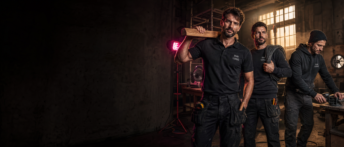 Handwerkerteam in schwarzen Polos, Sweats und Hoodies in einer beleuchteten Werkstatt.