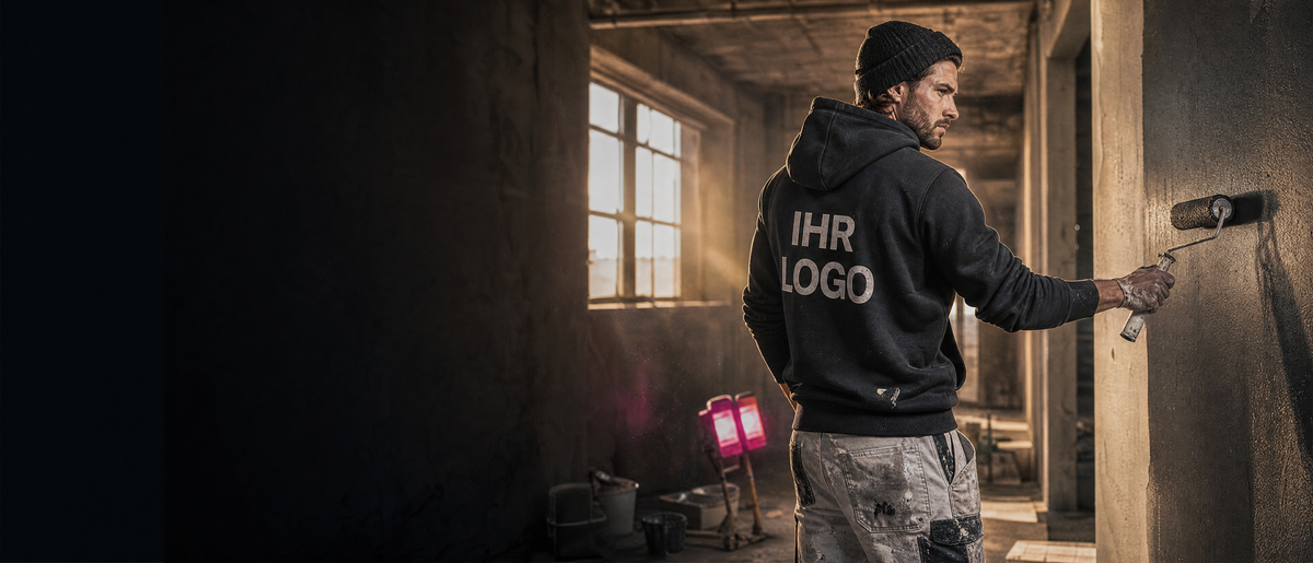Maler im schwarzen Hoodie bei Renovierungsarbeiten.