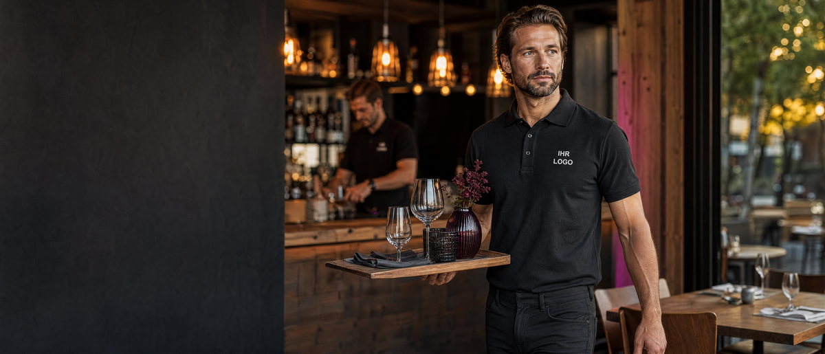 Servicemitarbeiter im schwarzen Polo in einem Restaurant.