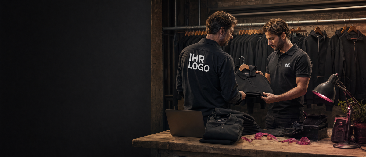 Teamverantwortlicher und Textilspezialist wählen schwarze Polos und Hoodies aus.