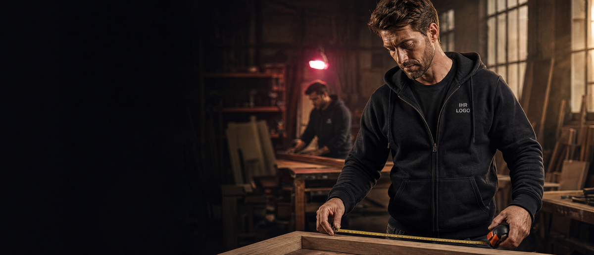 Tischler in schwarzer Sweatjacke beim Vermessen eines Holzrahmens.