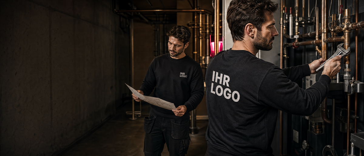 Monteure in schwarzen Sweatshirts arbeiten an Rohrleitungen.