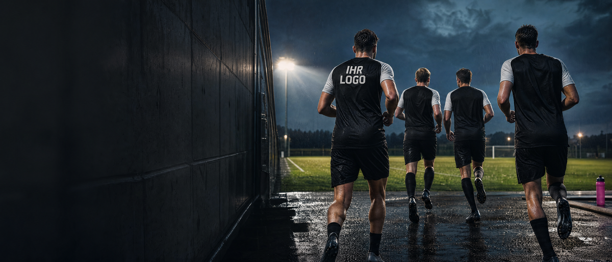 Fußballteam in schwarzer Trainingskleidung unter Flutlicht.