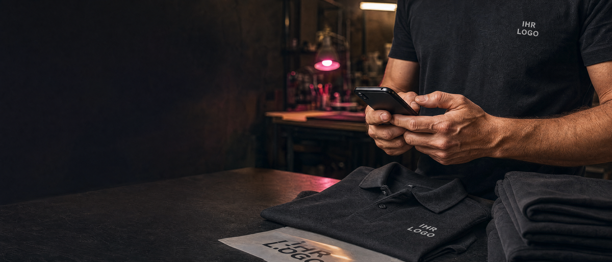 Hände eines Textildruck-Mitarbeiters mit Smartphone neben schwarzen Textilien.