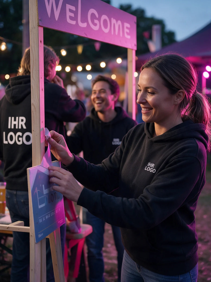 Festivalhelfer in schwarzen Hoodies mit weißen Logoaufdrucken am Empfangsstand.
