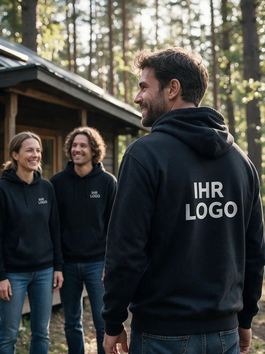 Freundesgruppe in schwarzen Hoodies an einer Waldhütte; großer Rückenaufdruck im Vordergrund.