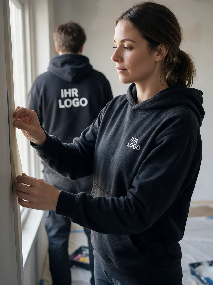 Malerin im schwarzen Hoodie mit Brustlogo beim Abkleben eines Fensters; ein Kollege zeigt den Rückenaufdruck.