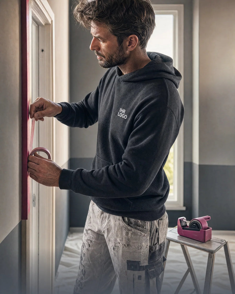 Maler im schwarzen Hoodie mit Brustaufdruck klebt einen Fensterrahmen ab.