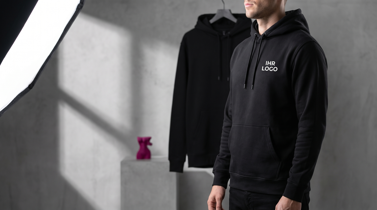 Schwarzer Hoodie mit Brustlogo und Kapuze im neutralen Studio.