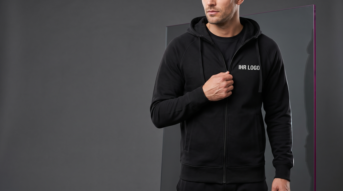Schwarze Sweatjacke mit durchgehendem Reißverschluss und Brustlogo im Studio.