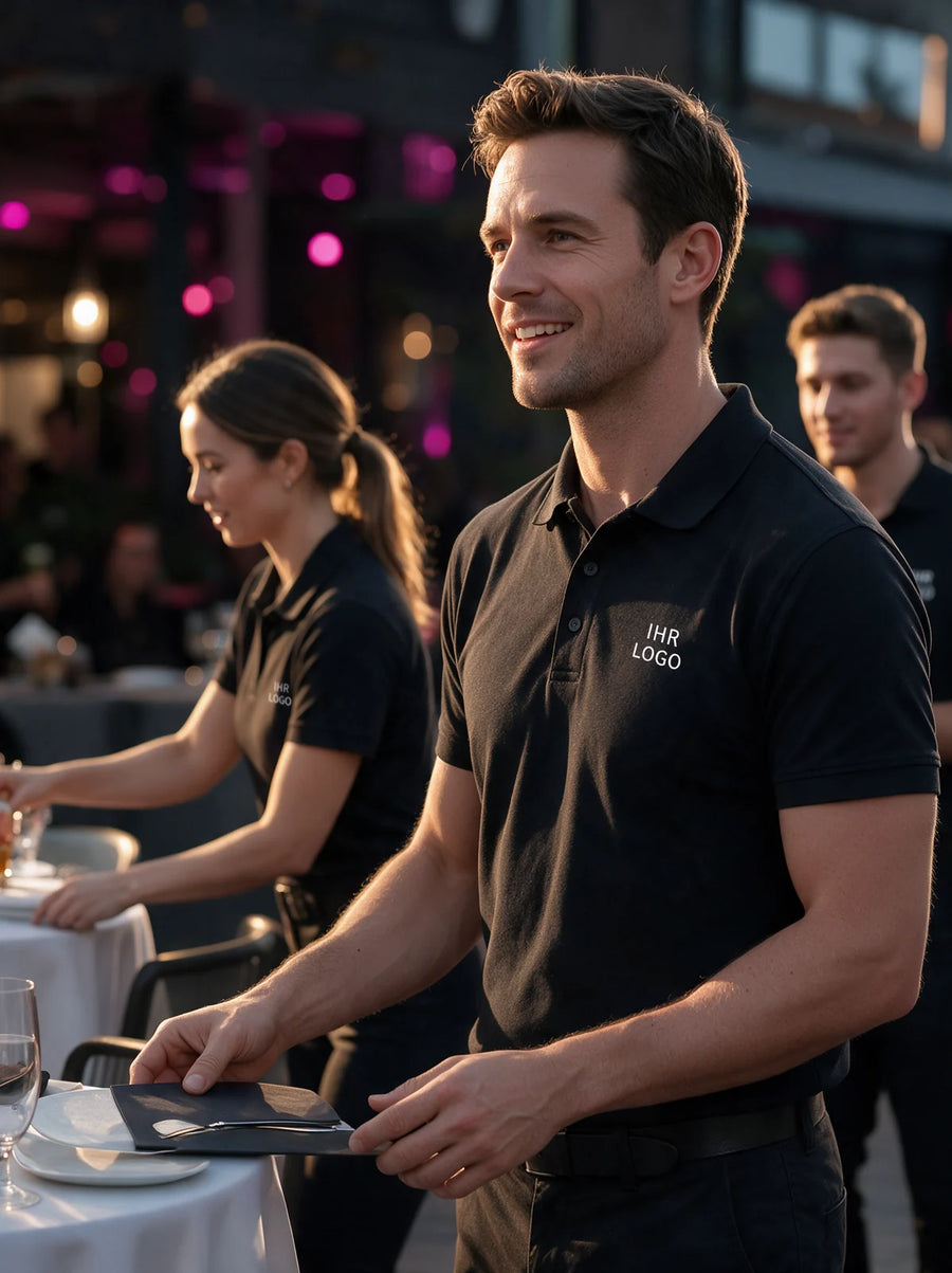 Eventmitarbeiter in schwarzen Poloshirts mit Brustlogo bereiten eine Veranstaltung vor.