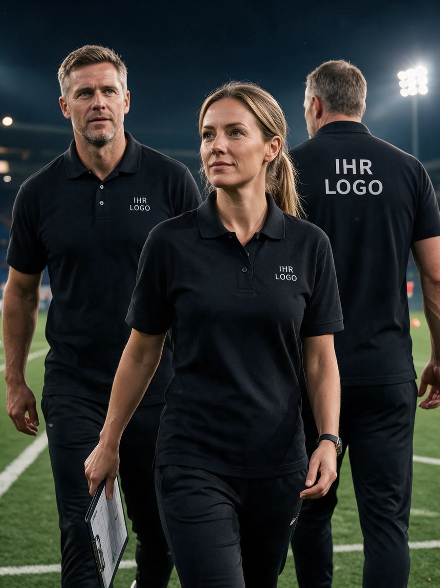 Trainerteam in schwarzen Poloshirts mit Brust- und Rückenaufdruck am Fußballplatz.