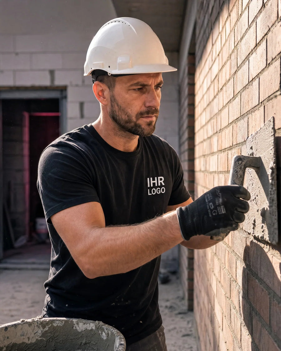 Maurer im schwarzen T-Shirt mit Brustlogo beim Verputzen einer Wand.