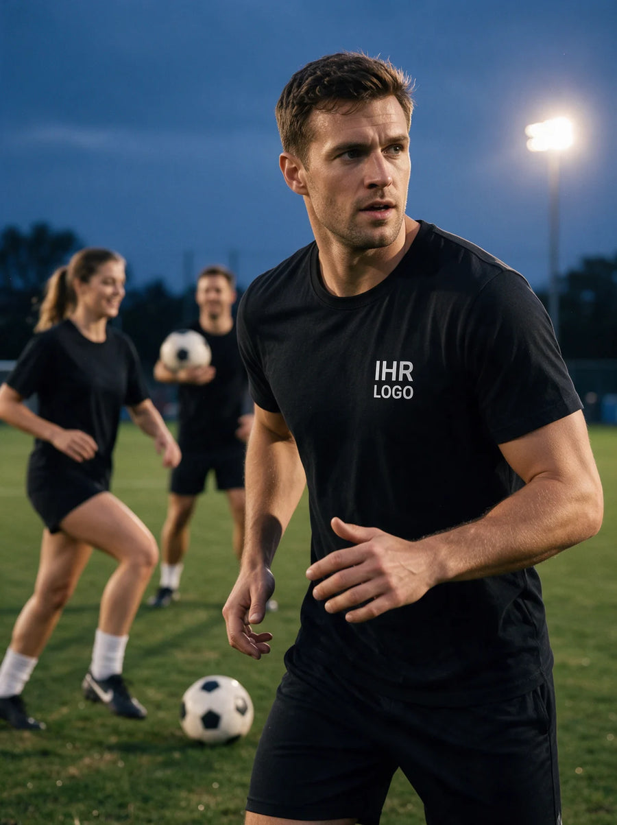 Fußballteam in schwarzen T-Shirts mit weißem Brustlogo beim Aufwärmen auf dem beleuchteten Spielfeld.