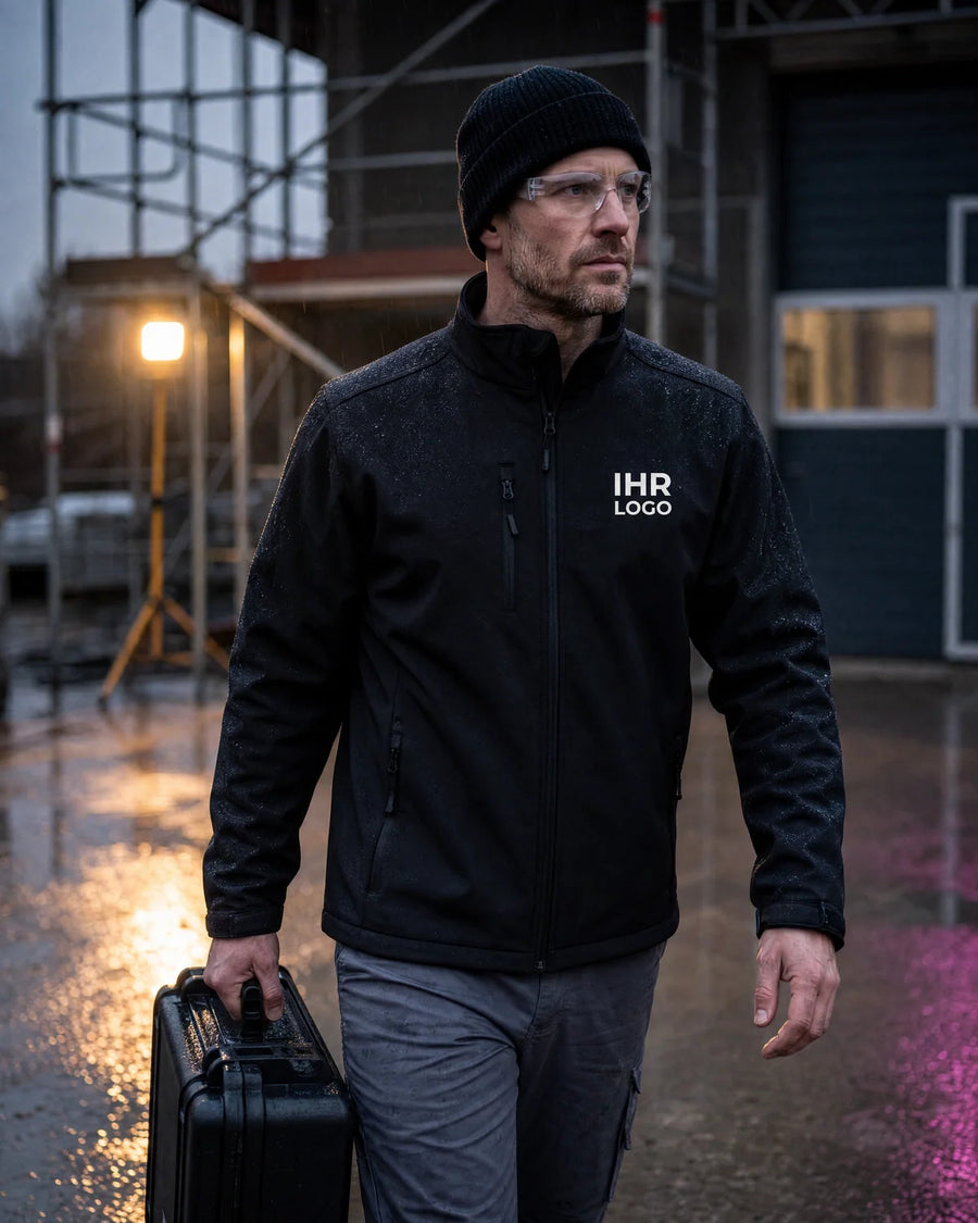Handwerker in schwarzer Softshelljacke mit Brustlogo trägt einen Werkzeugkoffer über einen nassen Hof.