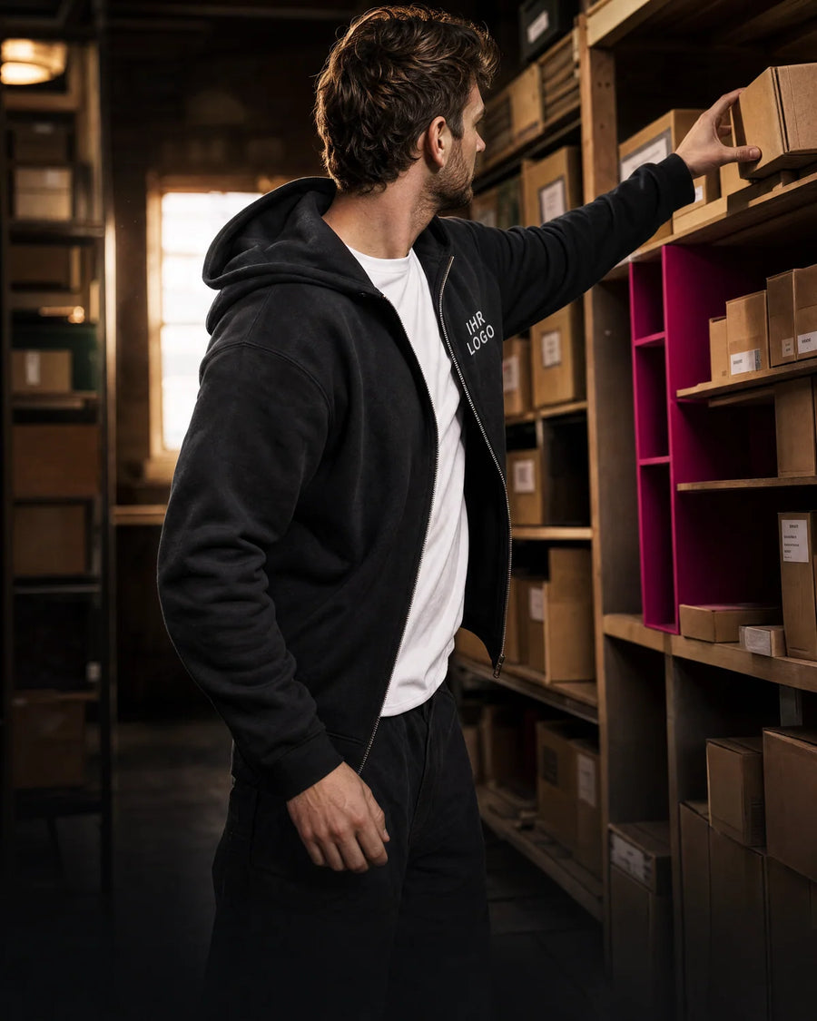 Mitarbeiter in einer schwarzen Hoodiejacke mit Brustlogo nimmt einen Karton aus dem Regal.