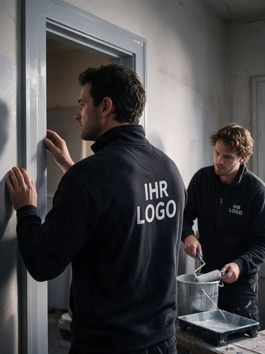 Malerteam in schwarzen Sweatjacken; ein großer Rückenaufdruck ist im Vordergrund sichtbar.