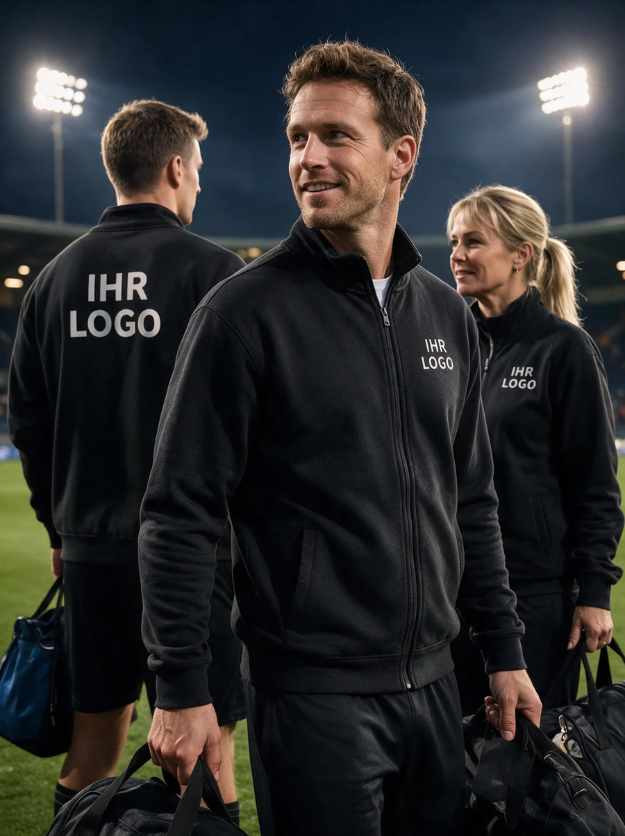 Fußballteam in schwarzen Sweatjacken mit Stehkragen und weißen Logoaufdrucken beim Training.