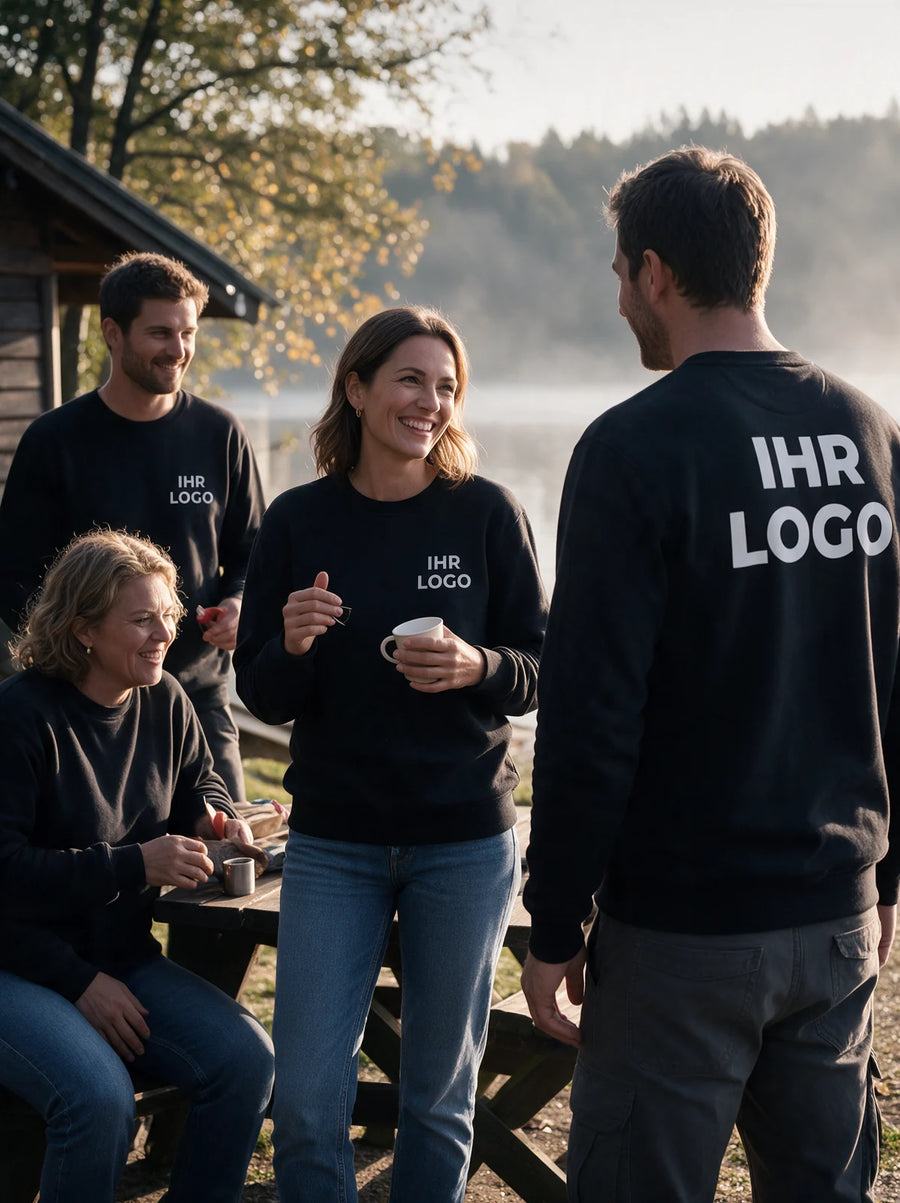 Freizeitgruppe in schwarzen Rundhals-Sweatshirts mit weißen Logoaufdrucken am See.