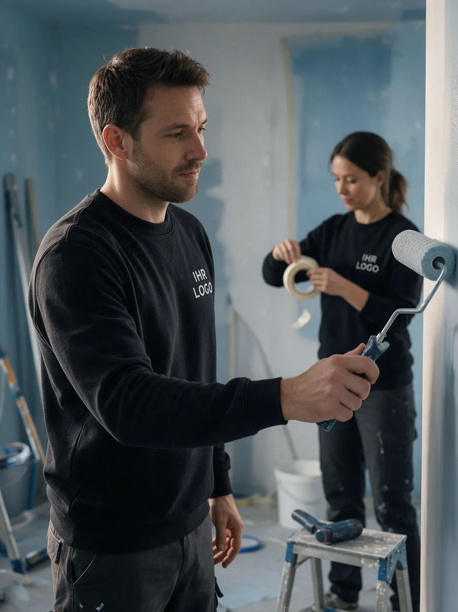 Malerteam in schwarzen Rundhals-Sweatshirts mit Brustlogo bei der Renovierung.
