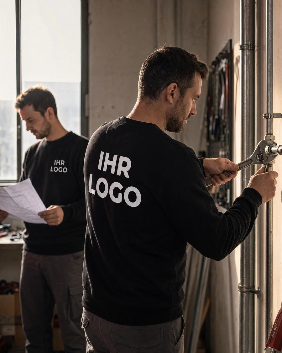 Zwei Monteure in schwarzen Sweatshirts zeigen Brust- und Rückenaufdruck bei der Arbeit.