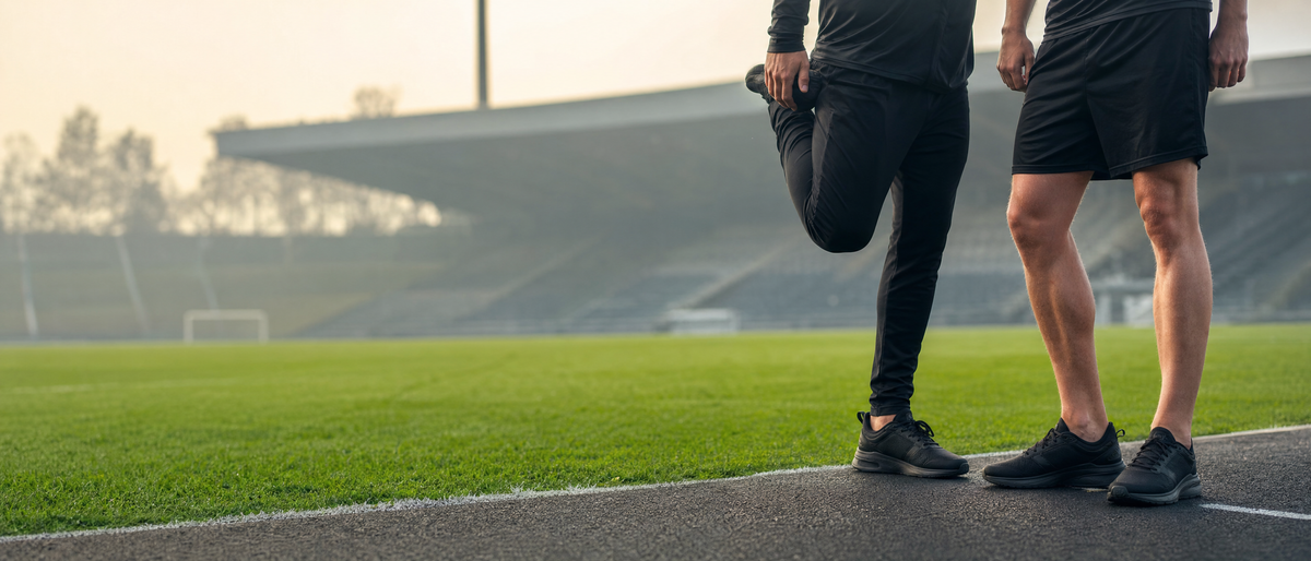 Schwarze Trainingshosen und Shorts im Einsatz auf einem Sportplatz.