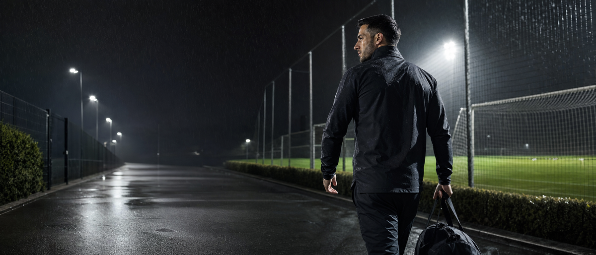 Mann in schwarzer Trainingsjacke auf dem Weg zum Sportplatz bei Regen.